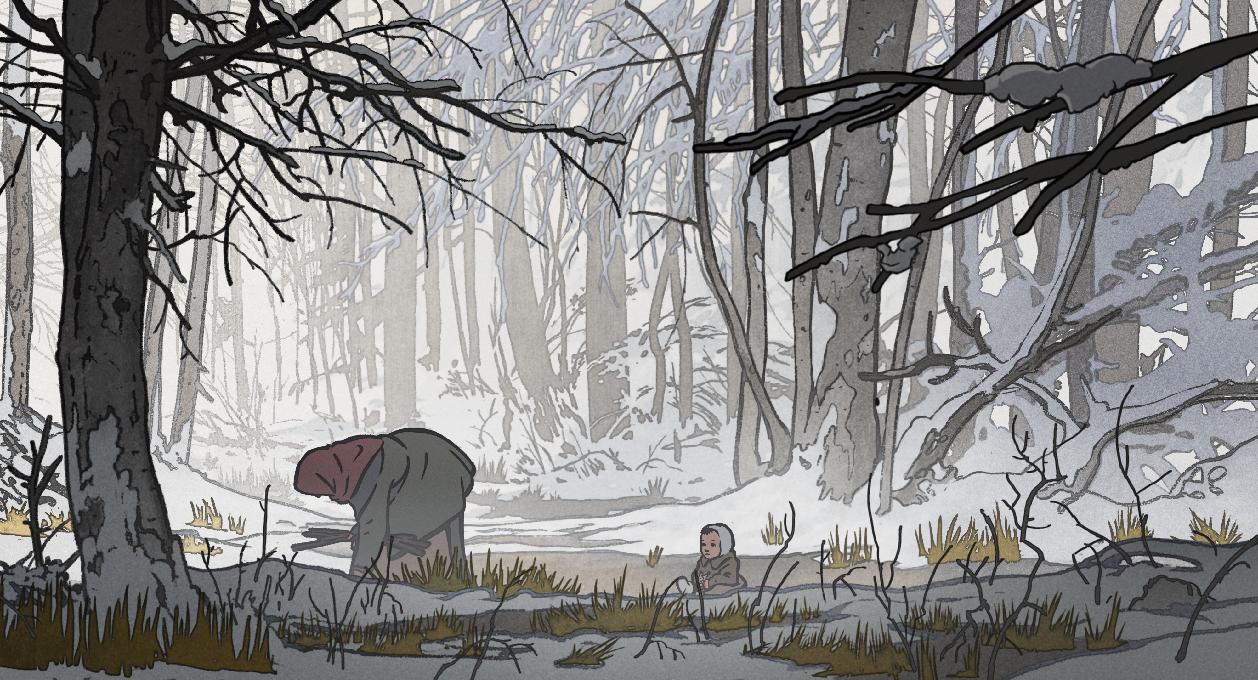 A misty winter forest scene with tall dark trees in shades of grey and blue. In the foreground, rocks and dry grass peek through patches of snow on uneven ground. The moody atmosphere creates a sense of mystery and isolation in this cold wilderness setting, with layers of trees fading into the foggy background.