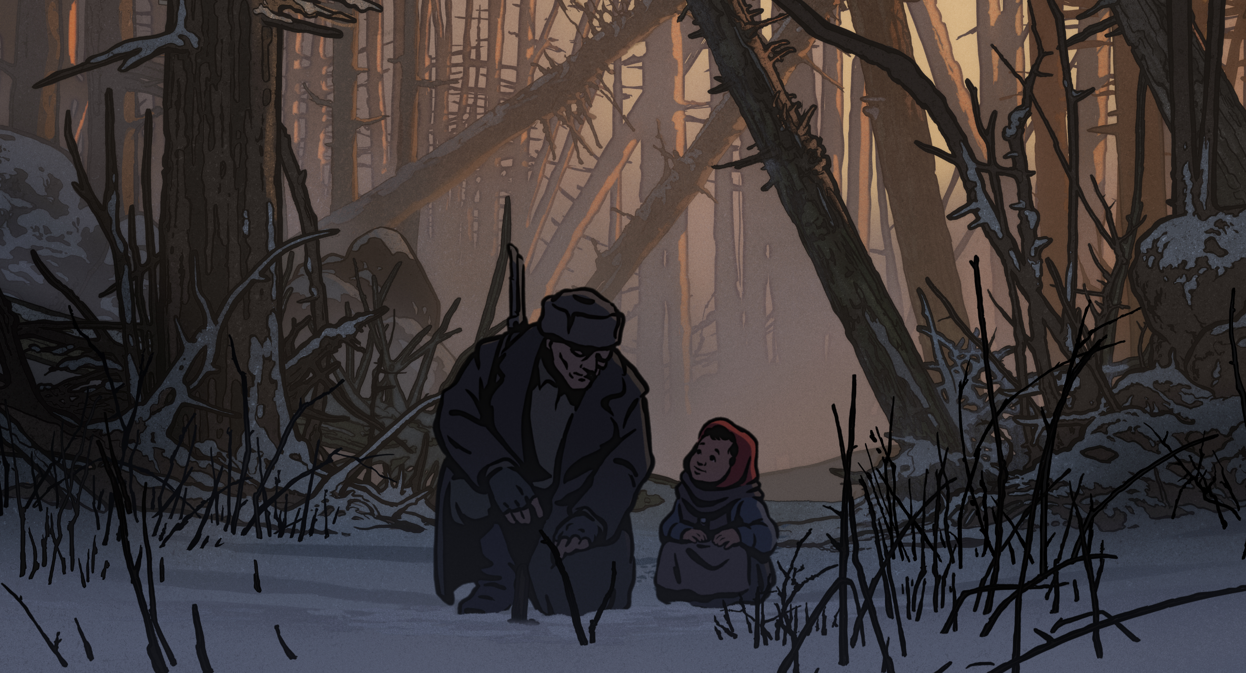Dark, atmospheric winter forest scene at dusk. Several figures in heavy winter clothing huddle together among bare trees and undergrowth. Snow covers the ground and fog filters through the trees, creating an eerie, somber mood. The muted colors and dim lighting emphasize the sense of isolation and vulnerability in the cold wilderness setting.