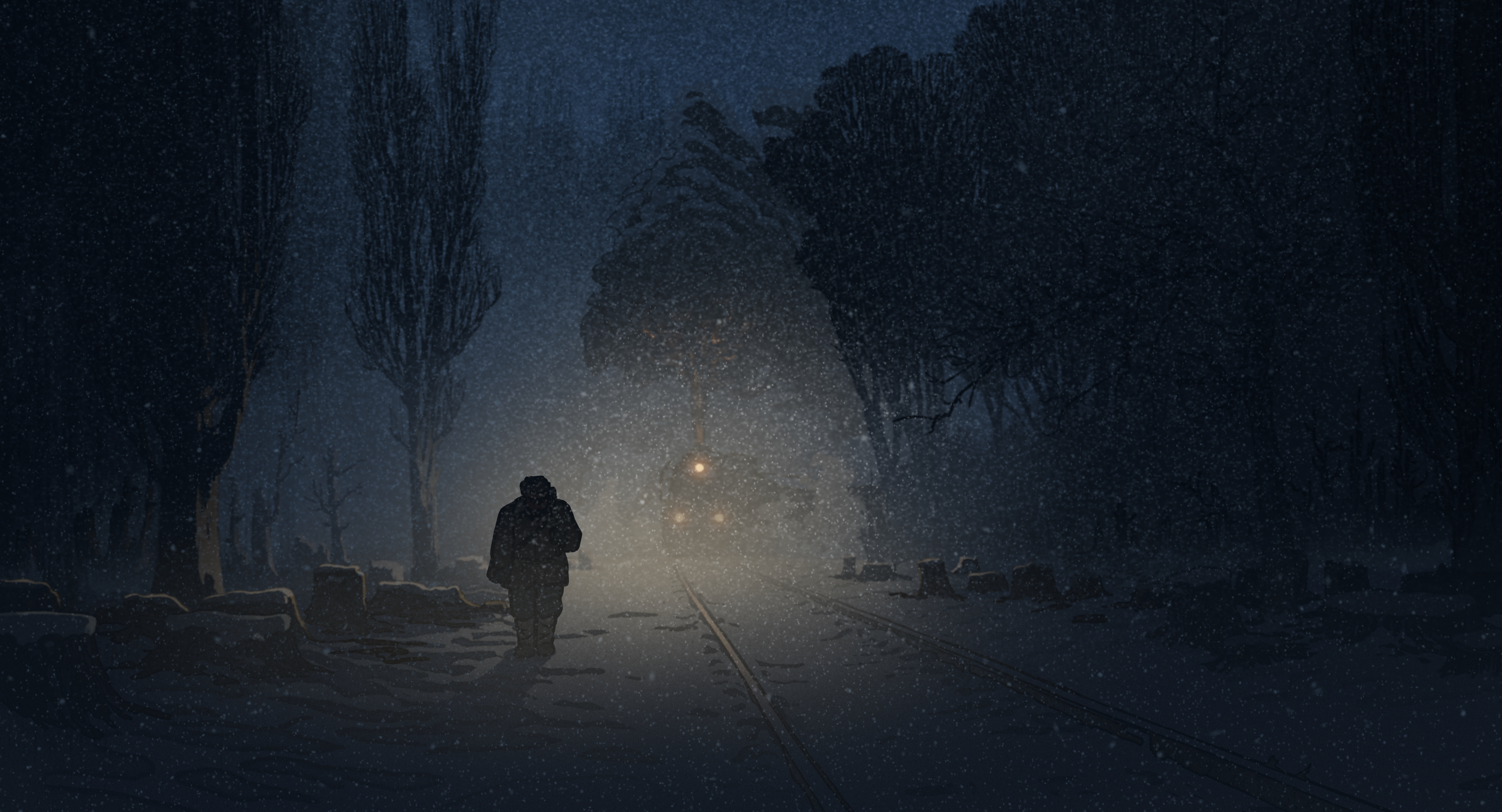 A solitary person wearing a heavy coat walks away from the viewer along snow-covered railroad tracks toward a distant train whose two bright headlights pierce falling snow. Tall dark trees flank the tracks and visibility is reduced by snow and mist. No legible text in the image. The scene feels cold, lonely, and tense, evoking quiet isolation and anticipation. Image extracted from La Plus précieuse des Marchandises by Michel Hazanavicius.