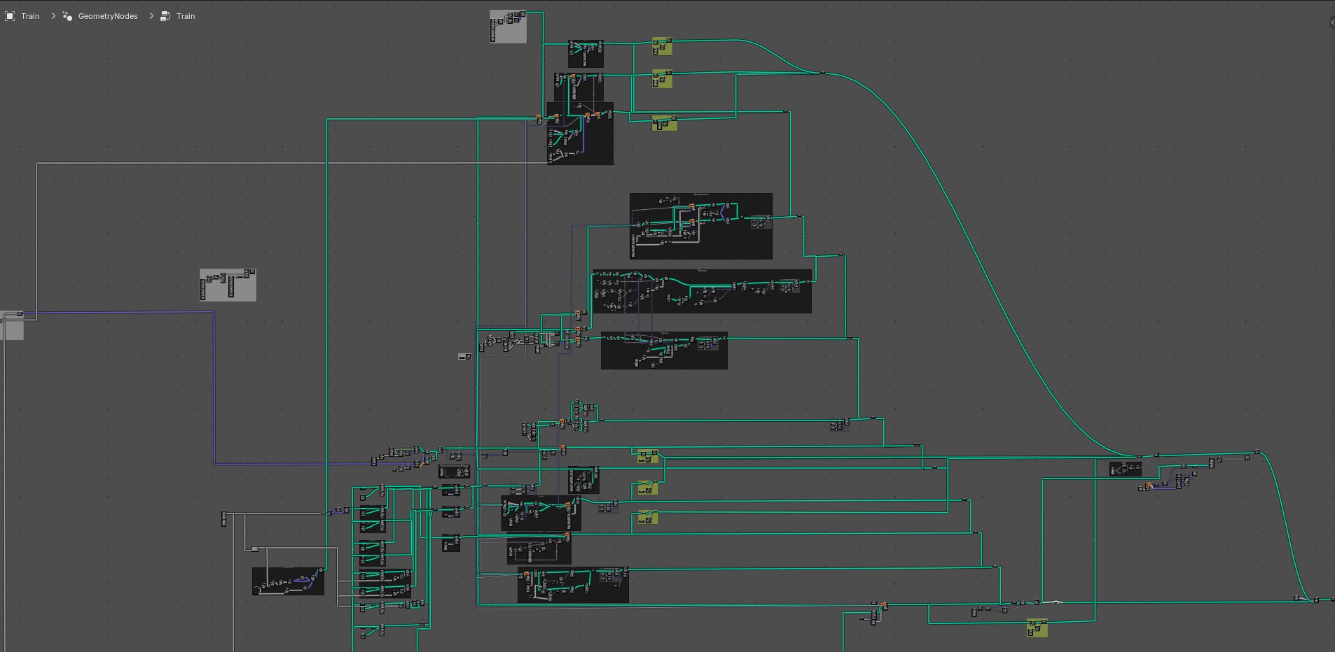 Complex node-based workflow diagram showing a train rigging system in Blender Geometry Nodes. Green connection lines link multiple black rectangular nodes in a tree-like structure. The nodes control parameters like wagon spacing, train length, and rail path following. The interface uses a dark gray background with cyan-colored connection paths, typical of Blender's node editor interface.