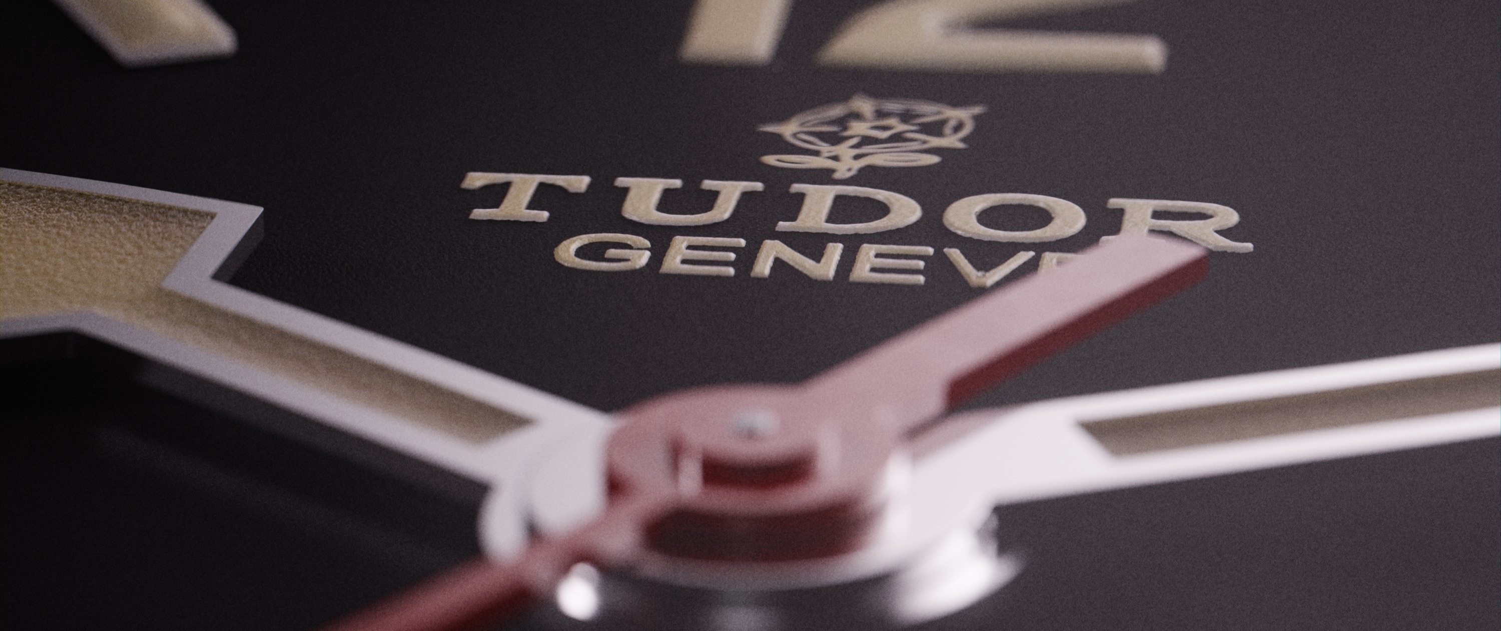 Macro detail of Tudor Heritage Ranger dial focusing on the applied hour markers and hands. The matte black dial contrasts with the luminous Arabic numerals at 3, 6, 9, and 12 oclock. The distinctive arrow-shaped hour hand and pencil minute hand show fine metallic finishing. Crystal clear close-up reveals the precise printing of the Tudor logo and text.