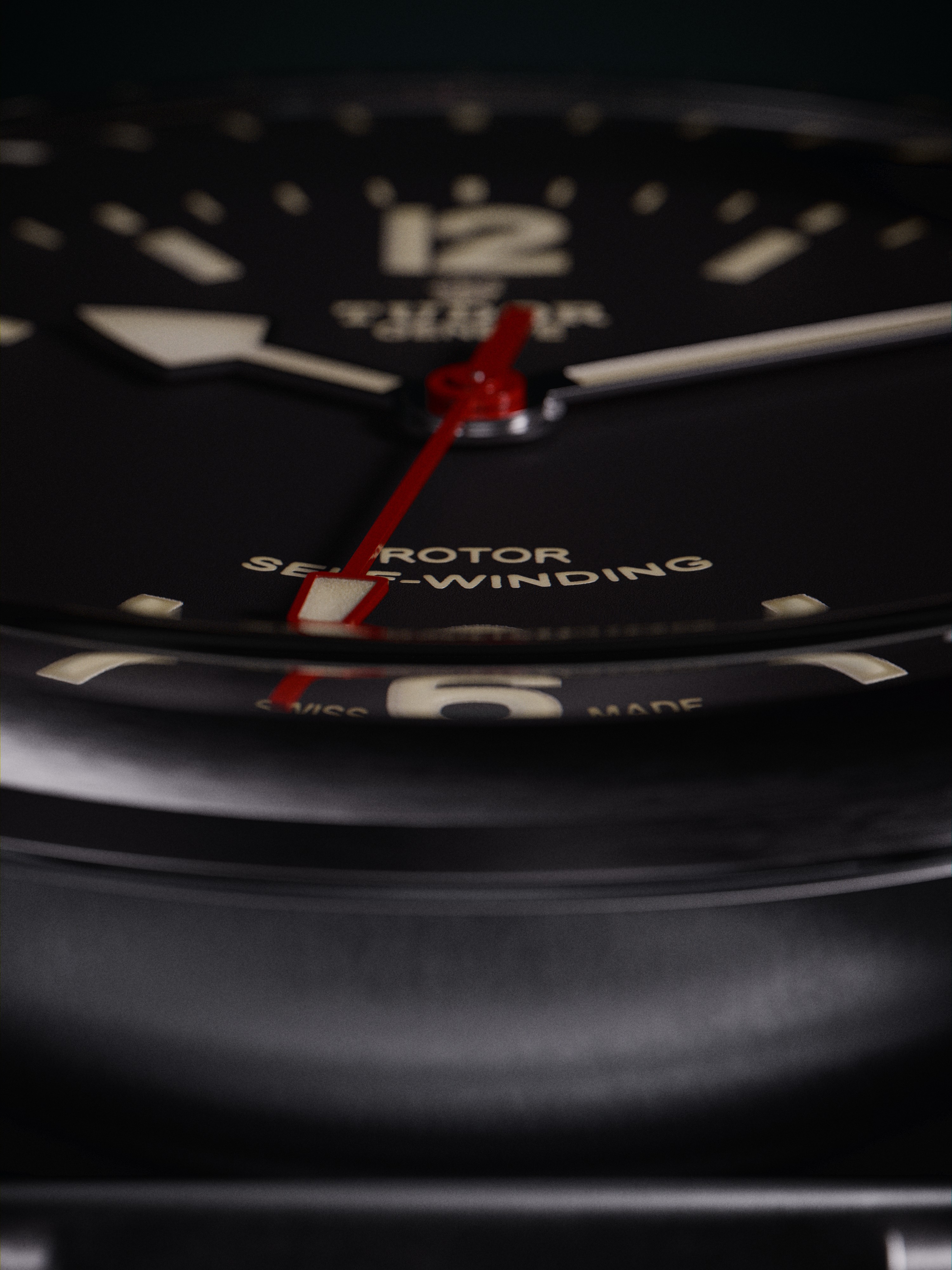 Extreme macro detail of Tudor Heritage Ranger watch dial texture, showing the finely grained matte black surface. The subtle surface variations create a sophisticated depth effect under studio lighting, highlighting the premium quality of the dial finishing. The textural detail exemplifies the meticulous attention paid to even the smallest elements of the timepiece.